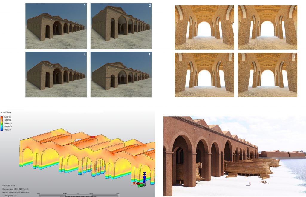 Clockwise from bottom left: Structural simulation of Building 5 (James Miles/ Portus Project); procedural model exterior; procedural model interior (Matthew Harrison/ Portus Project); graphic model (Grant Cox/ Portus Project)