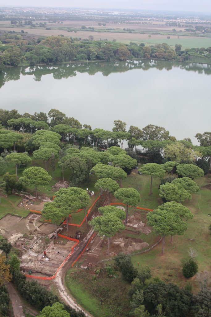 Aerial view of the excavated harbour buildings at the centre of Portus  in 2009 (Photo: Simon Keay/ Portus Project)