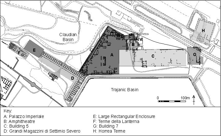 Plan showing the buildings studied by the Portus Project between 2007 and 2020 (with the exception of the Terme della Lanterna and the Horrea Terme).